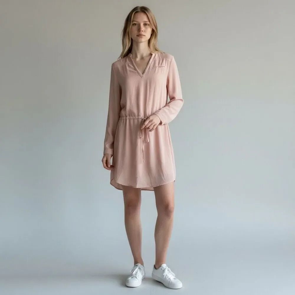 Streetwear Society Solid Pink V Neck along Sleeve Double Layered Mini Dress M